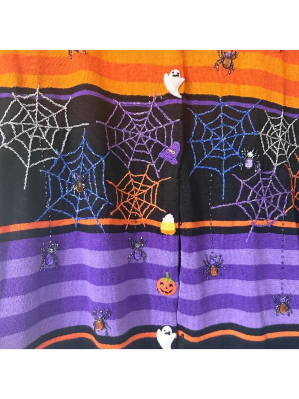 VTG Jack B Quick Halloween Spiders Pumpkin Beaded Embellished Cardigan XLarge - Picture 4 of 7